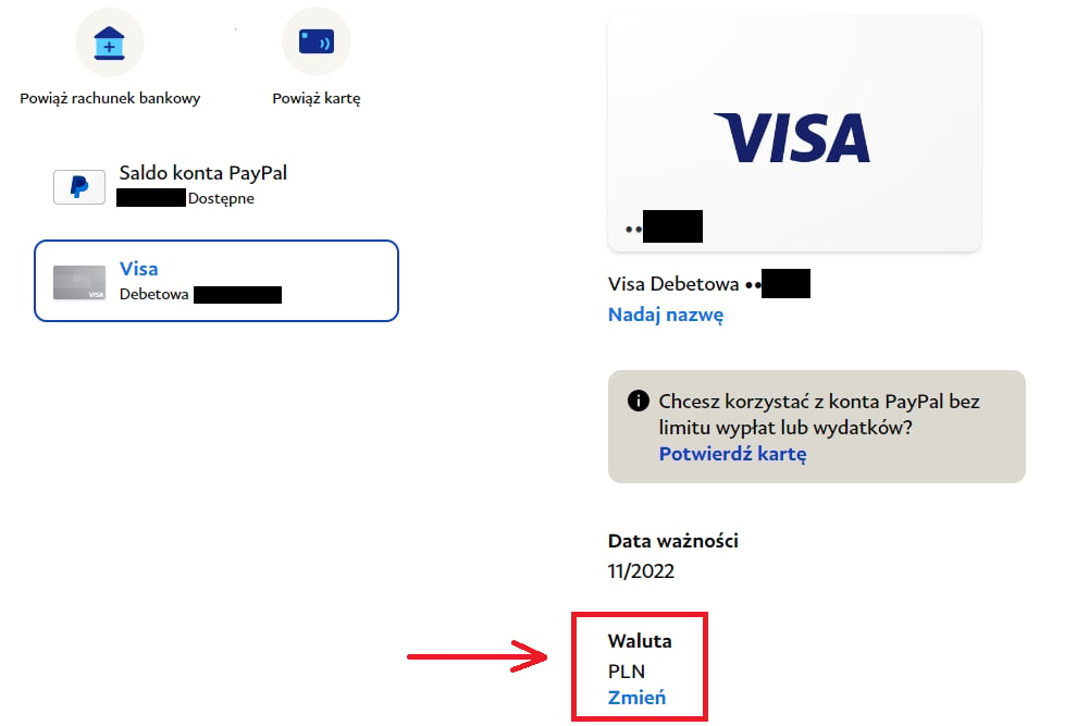 PayPal, waluta karty