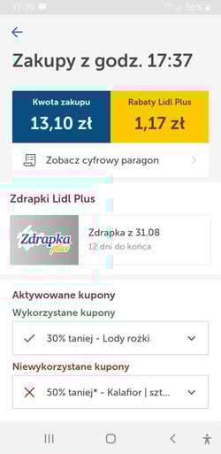 Podsumowanie transakcji w aplikacji Lidl Plus