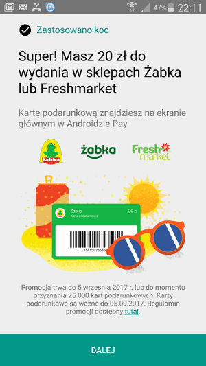 Kupon 20 zł do Żabki lub Freshmarket od Android Pay
