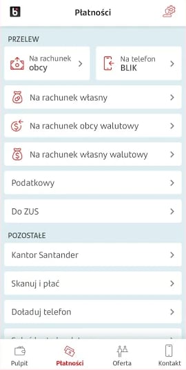 Santander, aplikacja mobilna, ekran „Płatności”.