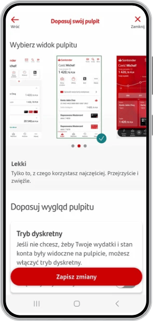 Aplikacja Santander mobile, ustawienia pulpitu
