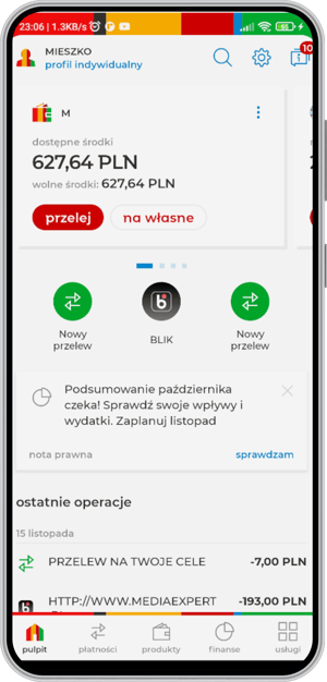 Wygląd aplikacji mobilnej mBanku