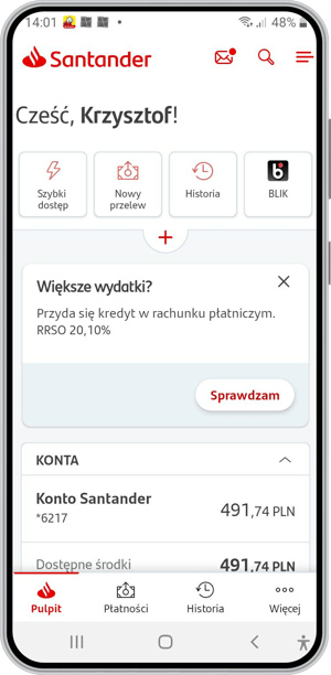 Widok aplikacji mobilnej Santander mobile Santander Bank Polska