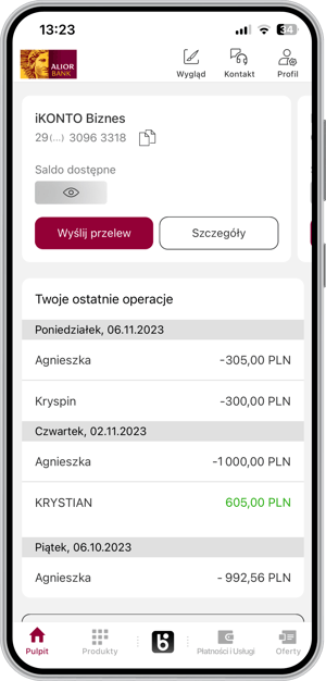 Wygląd bankowości mobilnej Alior Banku
