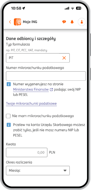 Wygląd formularza przelewu podatkowego w bankowości mobilnej ING