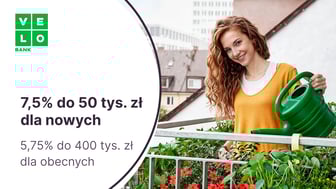 7,5% do 50 tys. zł dla nowych klientów i 5,75% dla nowych środków do 400 tys. zł na Elastycznym Koncie Oszczędnościowym w VeloBanku