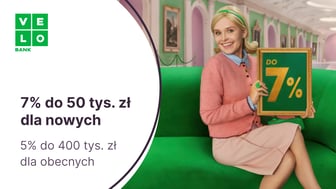 7% do 50 tys. zł dla nowych klientów i 5% dla nowych środków do 400 tys. zł na Elastycznym Koncie Oszczędnościowym w VeloBanku