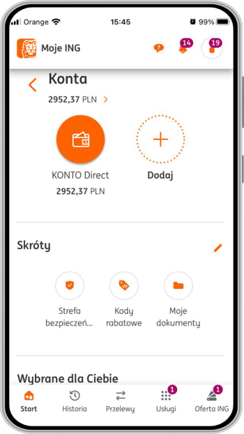 Widok aplikacji mobilnej Moje ING w ING Banku Śląskim