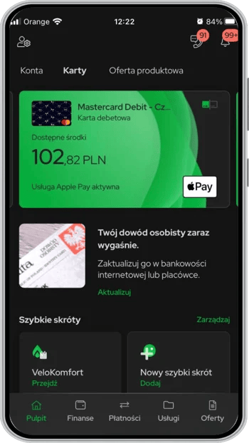 Wygląd bankowości mobilnej VeloBanku
