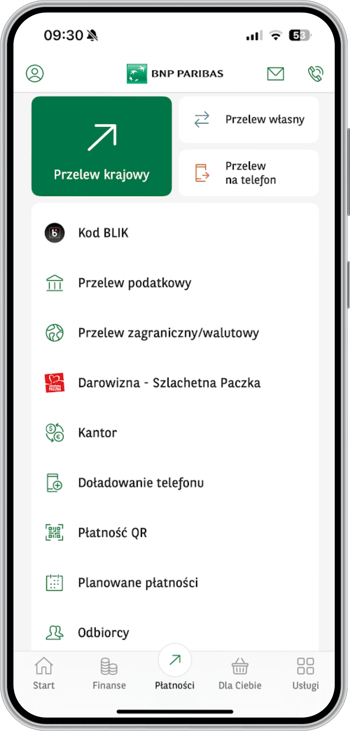 Aplikacja BNP Paribas (GOmobile). Ekran "Płatności"