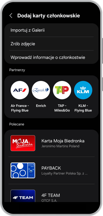 Samsung Wallet, opcja Dodaj karty członkowskie