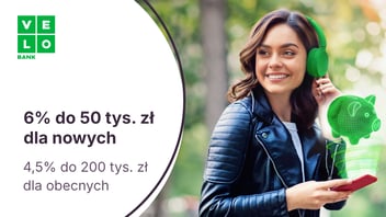 6% do 50 tys. zł dla nowych klientów i 4,5% dla nowych środków do 200 tys. zł na Elastycznym Koncie Oszczędnościowym w VeloBanku
