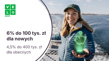 6% do 100 tys. zł dla nowych klientów i 4,5% dla nowych środków do 400 tys. zł na Elastycznym Koncie Oszczędnościowym w VeloBanku
