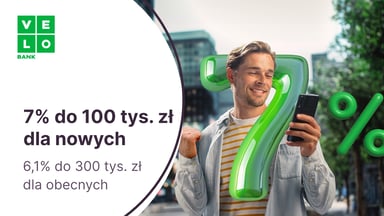 7% do 100 tys. zł dla nowych klientów i 6,1% dla nowych środków do 300 tys. zł na Elastycznym Koncie Oszczędnościowym w VeloBanku