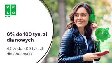 6% do 100 tys. zł dla nowych klientów i 4,5% dla nowych środków do 400 tys. zł na Elastycznym Koncie Oszczędnościowym w VeloBanku