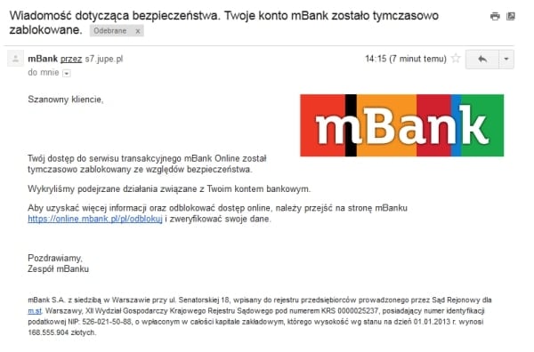 Przykład ataku phishingowego na klientów mBanku