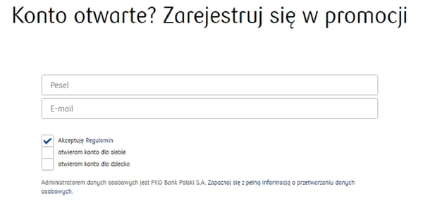 Formularz rejestracji w promocji Konto dla każdego w PKO BP