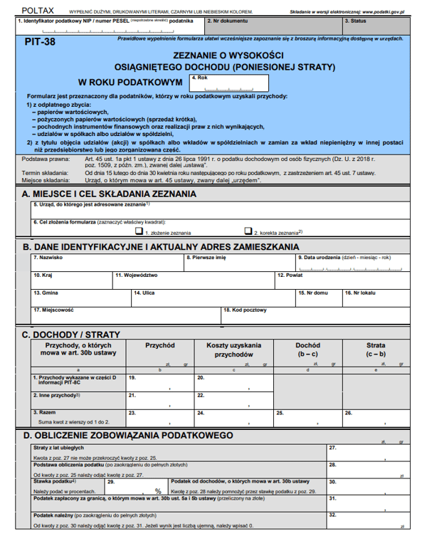 Niewypełniony formularz PIT-38