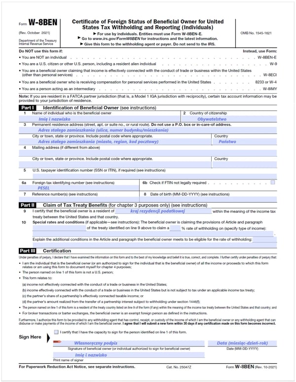 Formularz podatkowy W-8BEN