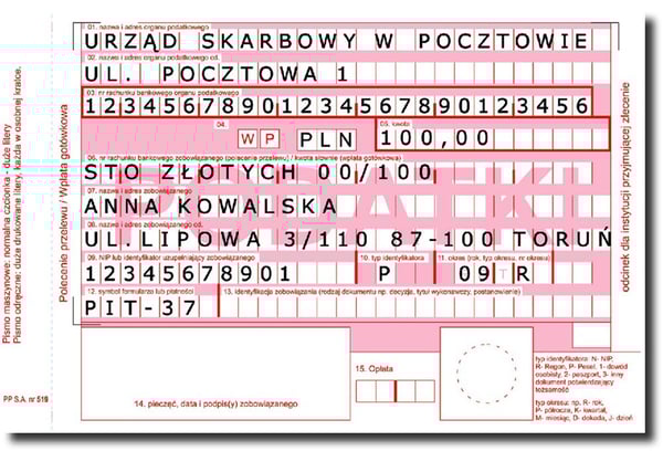 Wzór wypełnienia wpłaty na poczcie na rzecz Krajowej Administracji Skarbowej