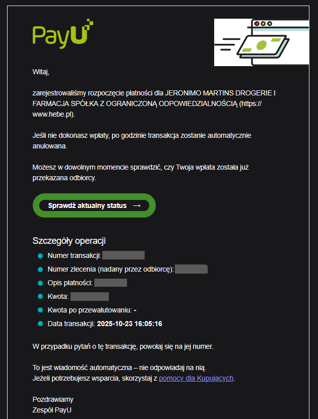 Potwierdzenie płatności PayU przesłane na e-maila klienta