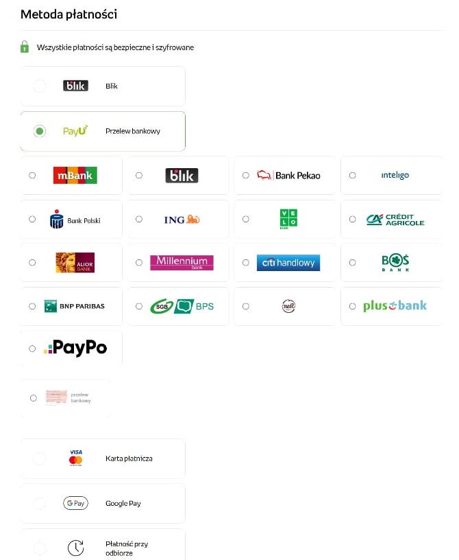 Wybór metody płatności z PayU: szybki przelew pay-by-link