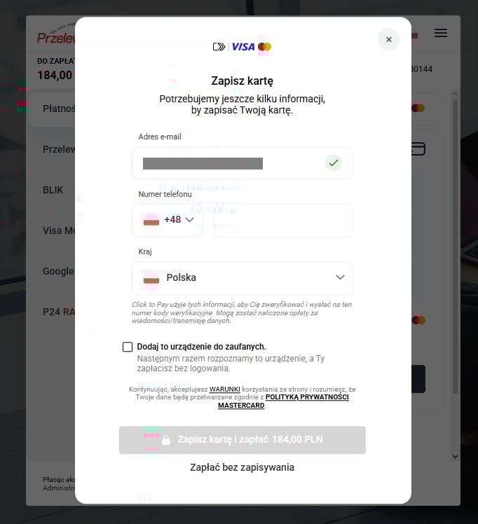 Zapisywanie karty płatniczej w usłudze Click to Pay z Przelewami24