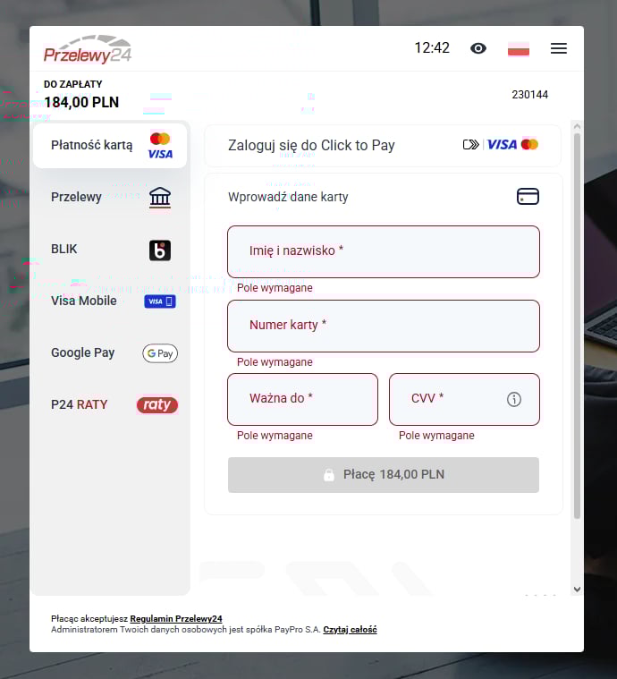 Płatność kartą przez Przelewy24