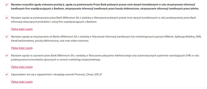 "Chwyć 200 zł" w Banku Millennium. Zgody we wniosku.