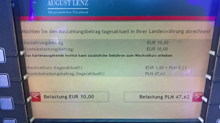 Wypłata z użyciem konwersji DCC z jednego z niemieckich bankomatów