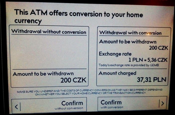 Wypłata z użyciem konwersji DCC z jednego z czeskich bankomatów