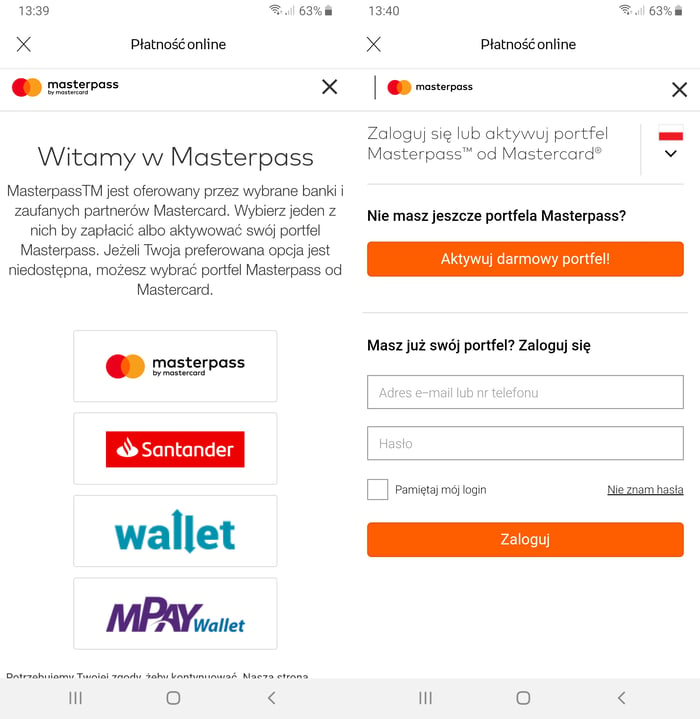 Płatność mobilna przez Masterpass - logowanie