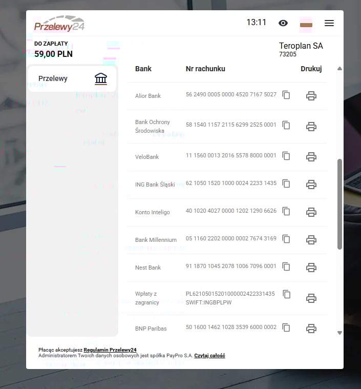 Przelew tradycyjny przez Przelewy24 - wybór banku