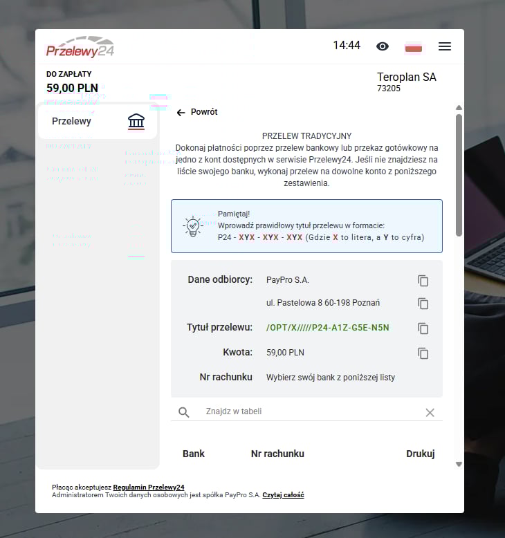 Przelew tradycyjny przez Przelewy24