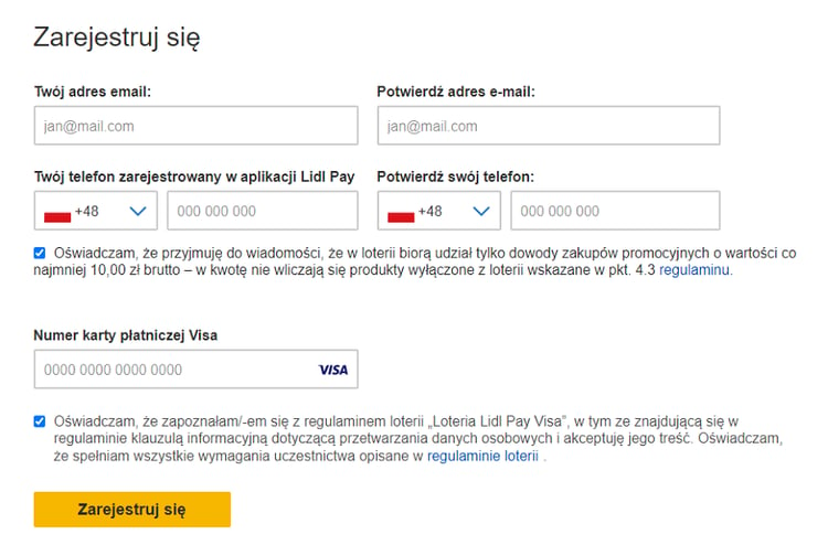 Formularz rejestracji w Loterii Lidl Pay Visa