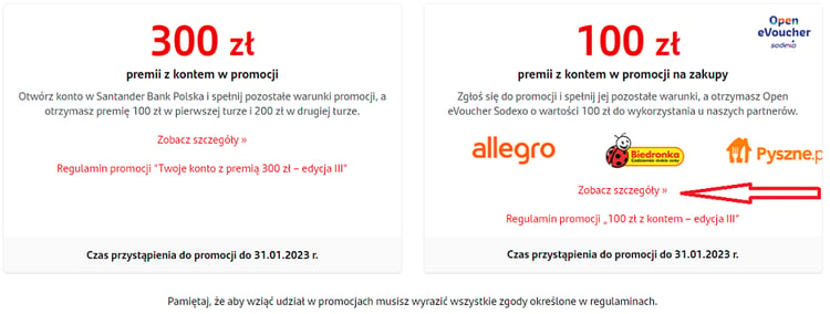 Formularz rejestracji w promocji "100 zł z kontem" w Santander Bank Polska