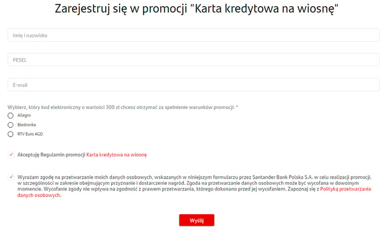 Formularz rejestracji w promocji "Karta kredytowa na wiosnę" w Santander Bank Polska