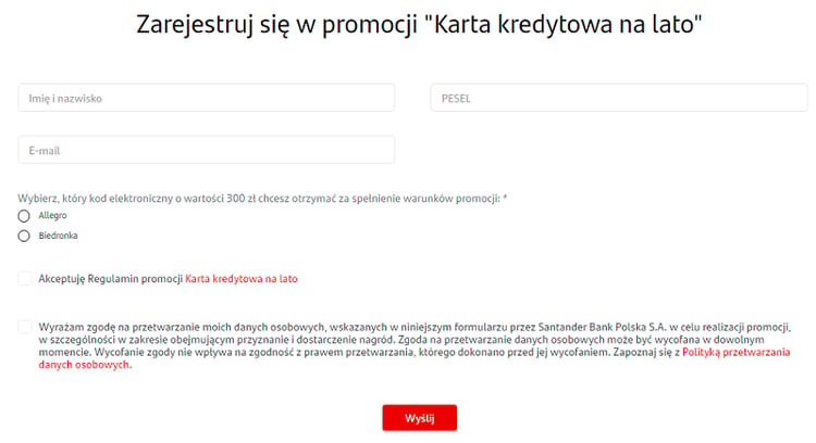 Formularz rejestracji w promocji "Karta kredytowa na lato" w Santander Bank Polska