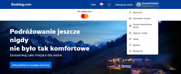 Zakładka Nagrody i portfel na portalu Booking.com