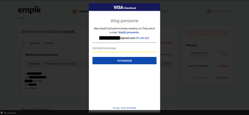 Potwierdzenie logowania przy płatności Visa Checkout