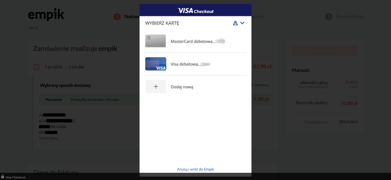Wybór karty przy płatności Visa Checkout