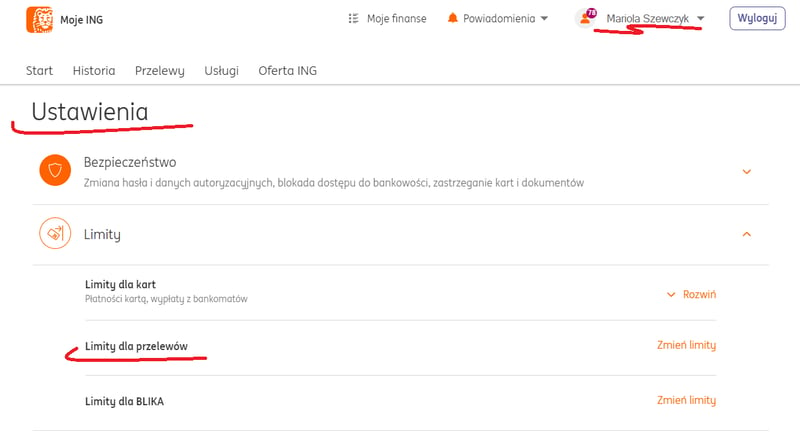 ING Bank Śląski ustawianie limitów przelewów