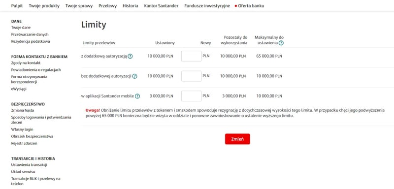 Santander Bank Polska limity przelewów