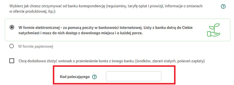 Miejsce na wpisanie kodu polecenia przy zakładaniu ROR w Santander Bank Polska