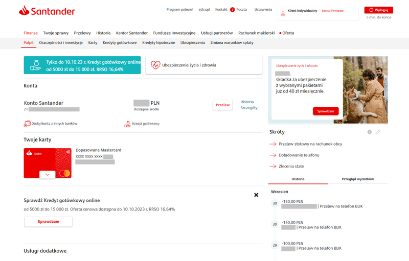 Wygląd bankowości internetowej Santander internet