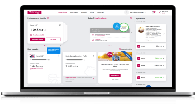 Wygląd bankowości internetowej Millenet Banku Millennium