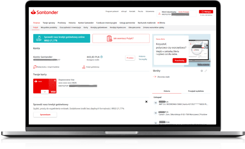 Widok bankowości internetowej Santander Banku Polska