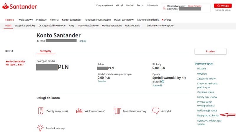 Rezygnacja z konta osobistego w Santander Bank Polska