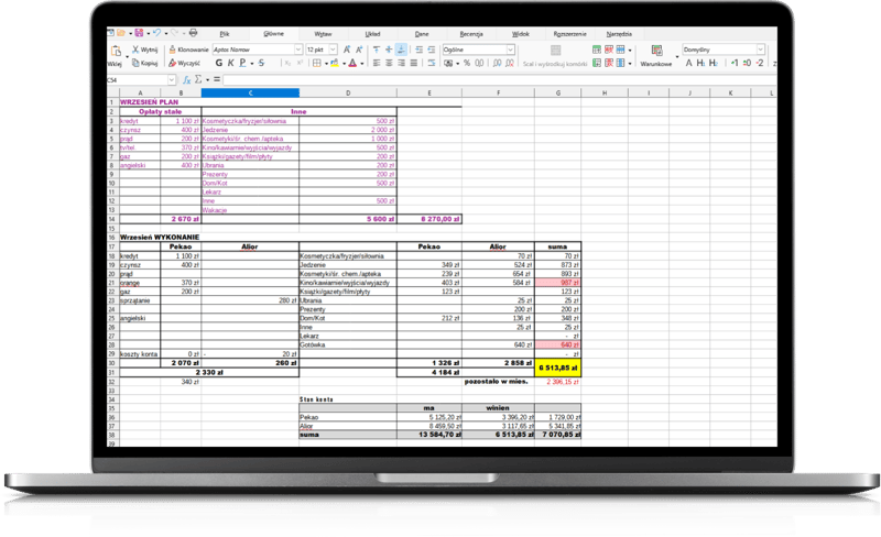 Notowanie wydatków w arkuszu kalkulacyjnym