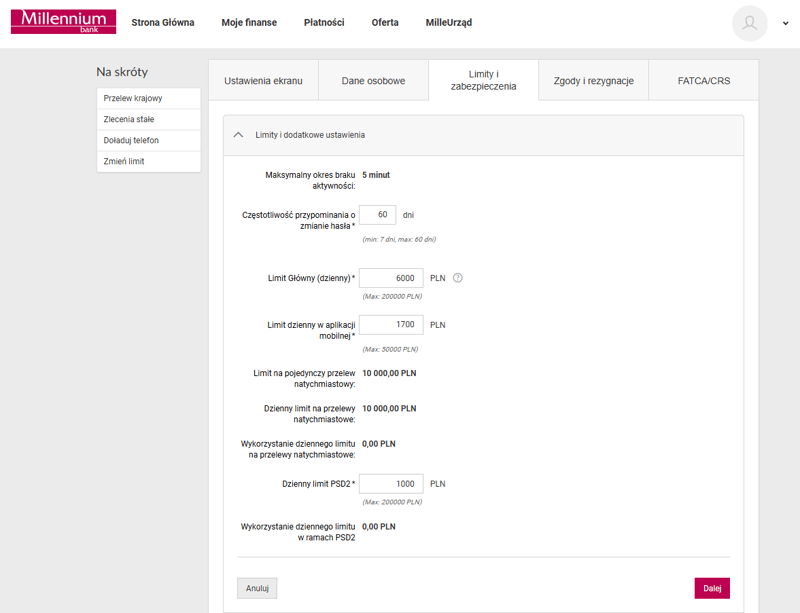 Bank Millennium zmiana limitu przelewów w bankowości internetowej